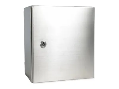 Empty Ex e stainless steel enclosure with a single door