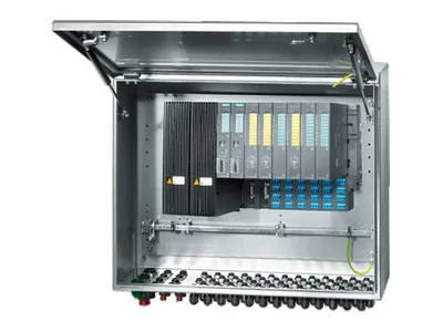 Ex RIO panel with remote I/O modules in an open stainless steel enclosure