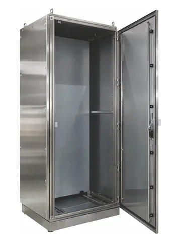 Modular stainless steel floor-standing panel with the door open